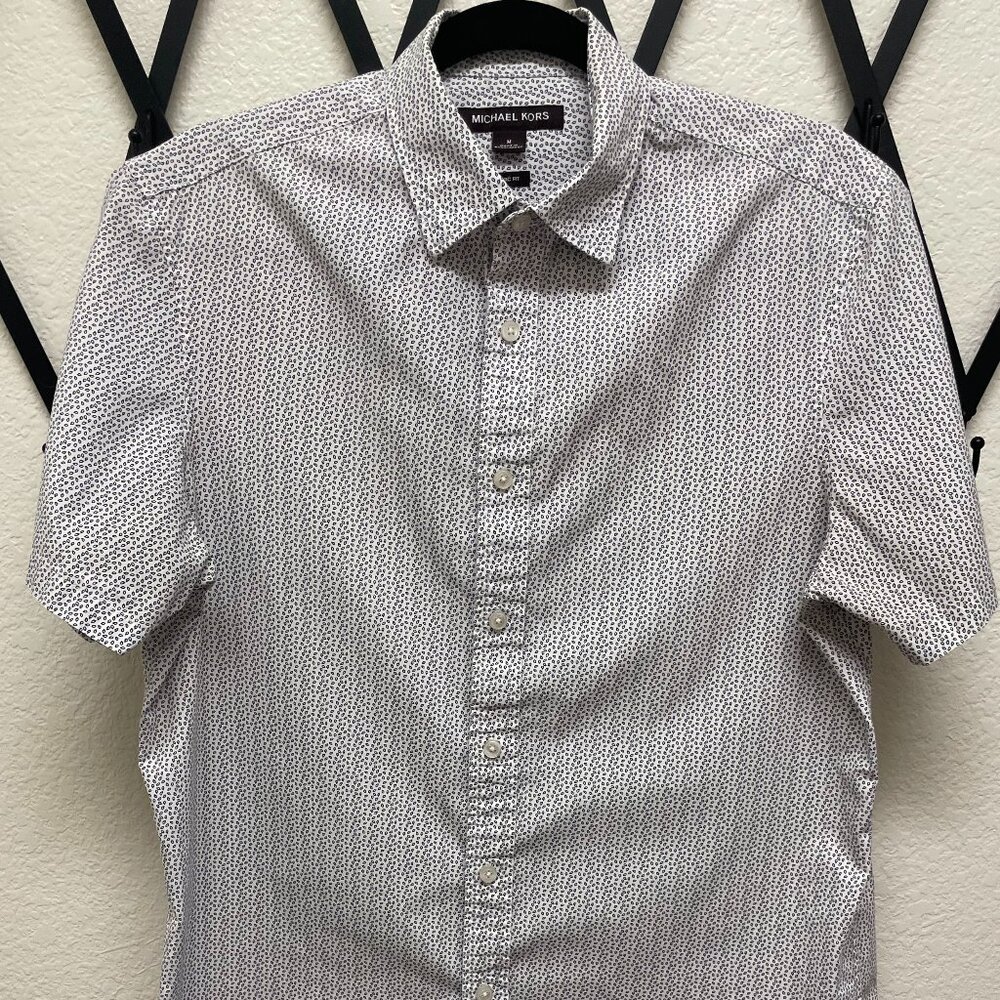 Michael Kors Short Sleeve, Button-down White w/Small Black Print Men's Med